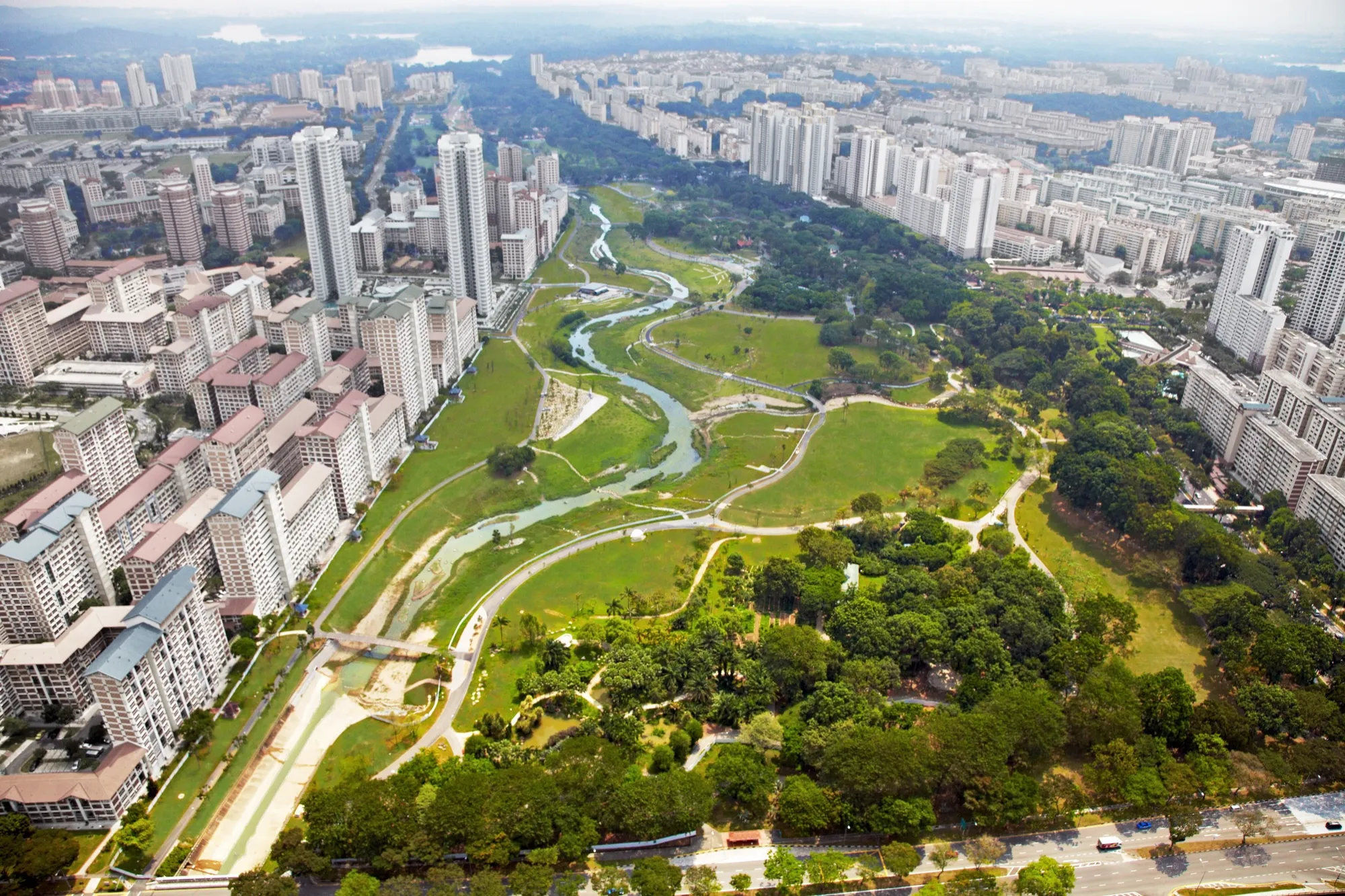 Aerial view of Bishan–Ang Mo Kio Park with the river winding between housing blocks